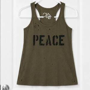 Chaser Peace Distressed Graphic Racerback Tank Top Olive Green XS